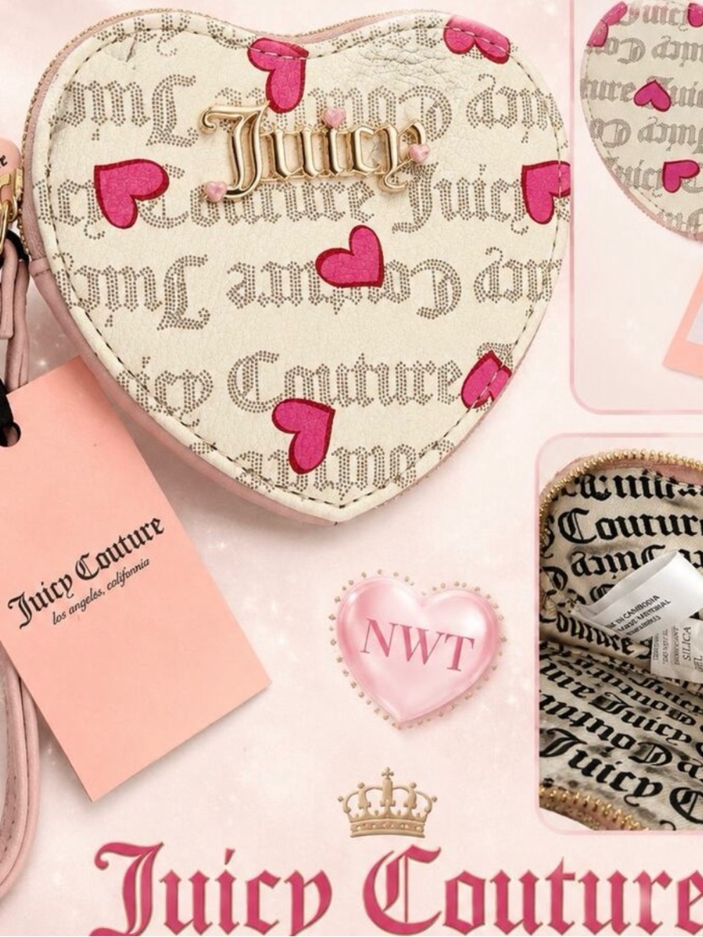 🆕 Juicy Couture Cream & Pink Heart Coin Wristlet